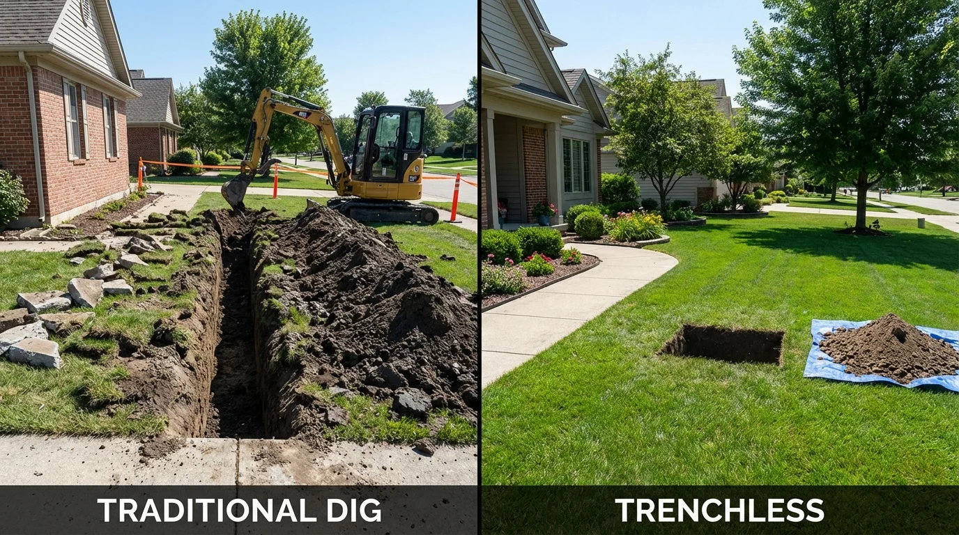 Trenchless sewer repair with minimal yard damage versus traditional excavation in Mound City, MO